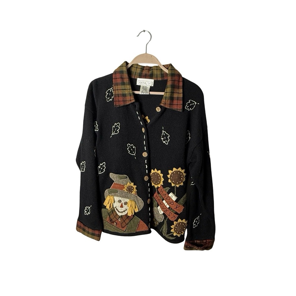 Vintage Mandal Bay Harvest Autumn Fall Scarecrow Halloween Cardigan Leaves Sz S